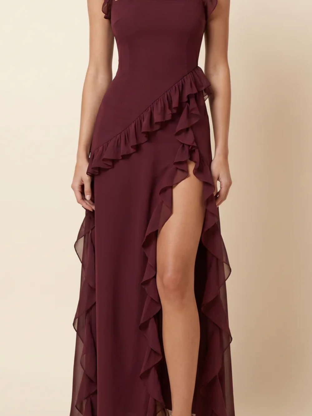 Elegant Burgundy Ruffle High-Slit Maxi Dress - Women